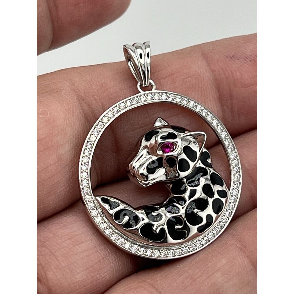 Cheetah Sterling Silver 925 Inlay Black Onyx Cz Pendant For Necklace